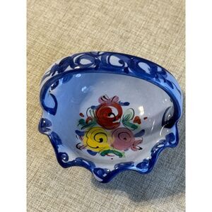 Vintage Vestal Alcobaca Portugal Hand Painted Blue Floral Basket and Signed,Mint